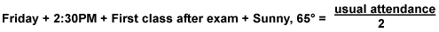 Friday + 2:30PM + First class after exam + Sunny, 65 degrees = usual attendance/2